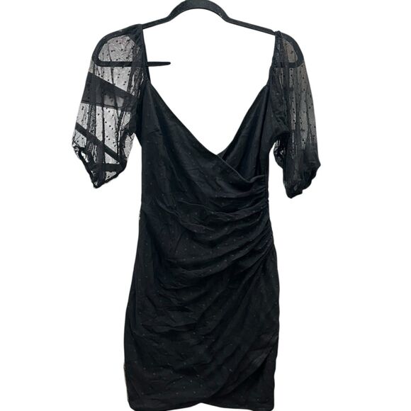 ASOS Design Size 4 Mini Dress Black Polka Dot Ruched Puff Sleeve Mesh V-Neck - Picture 1 of 8